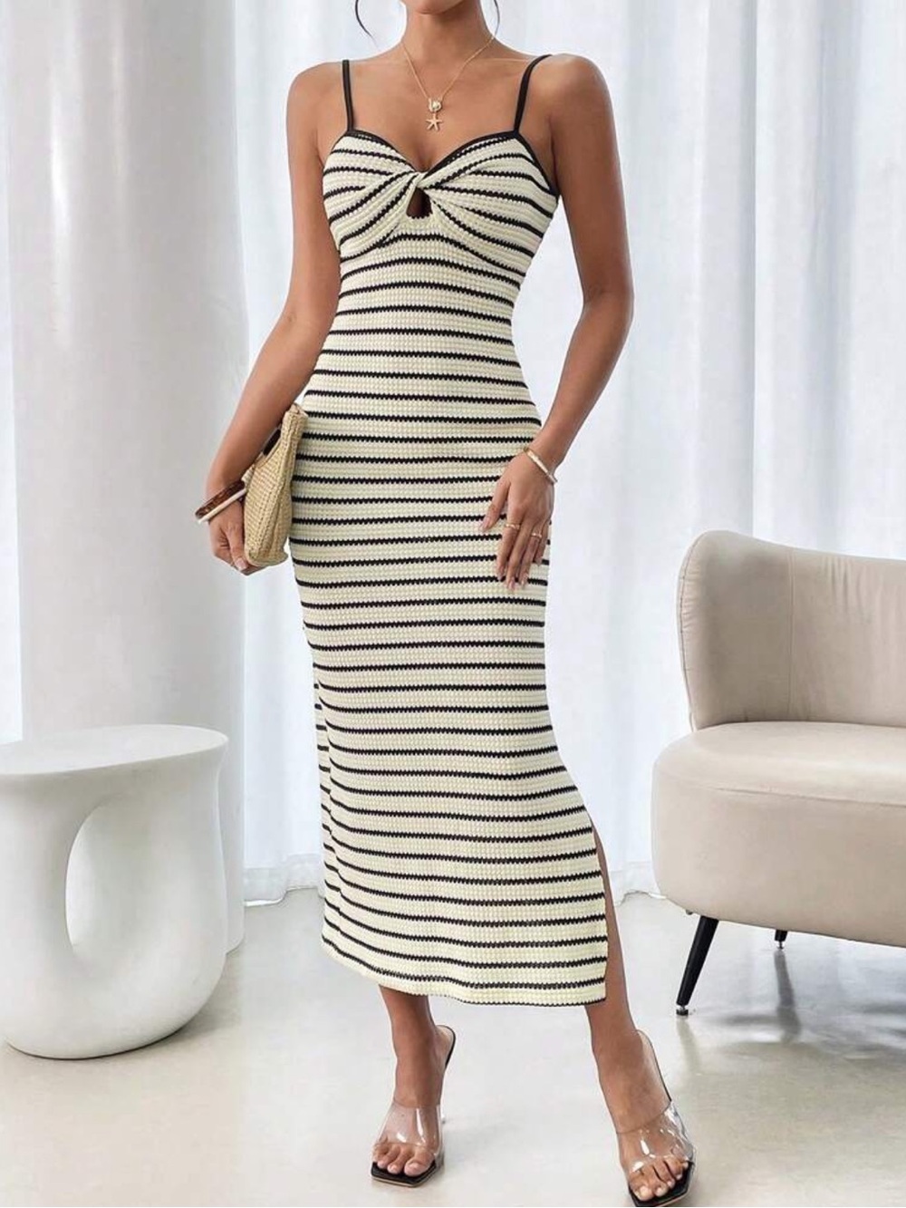 Black/White Striped Knit Maxi Dress